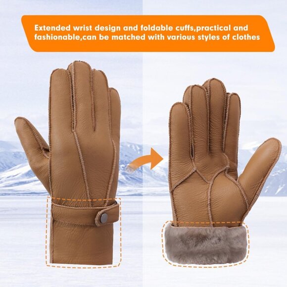 Men's Camel Winter Cold Air Shearling Sheepskin Leather Gloves With Fur Lined - Picture 5 of 7